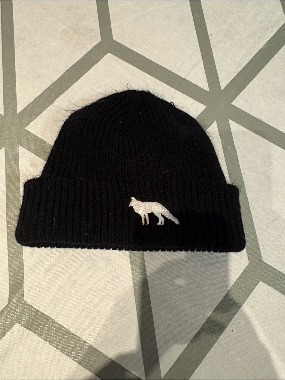 3/15$ Black Knit Beanie with White Fox Embroidery